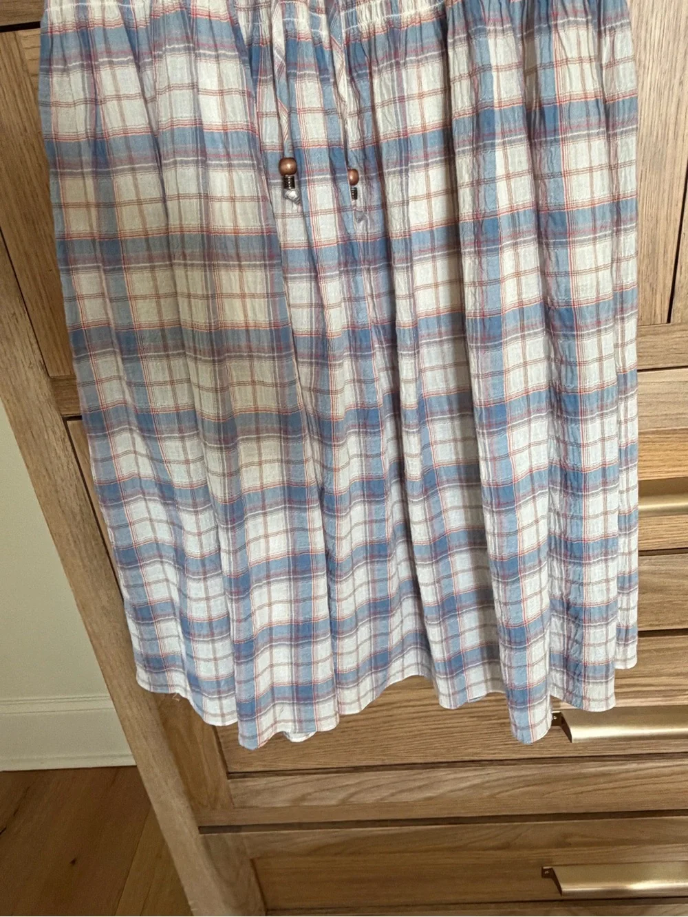 Plaid Puff-Sleeve shirt and skirt in Soft Blue and Cream